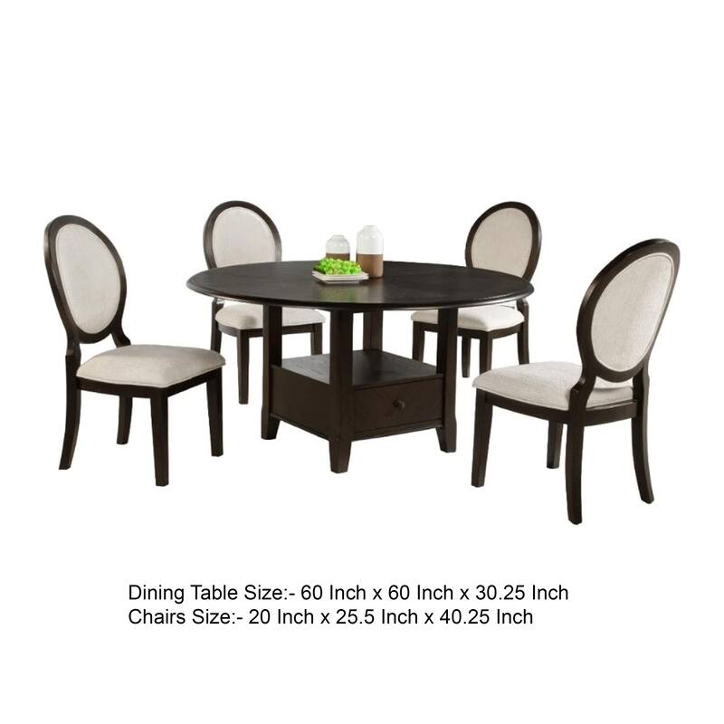 Tipa 5pc Dining Table Set, Dark Brown Round Wood Top, Storage Base
