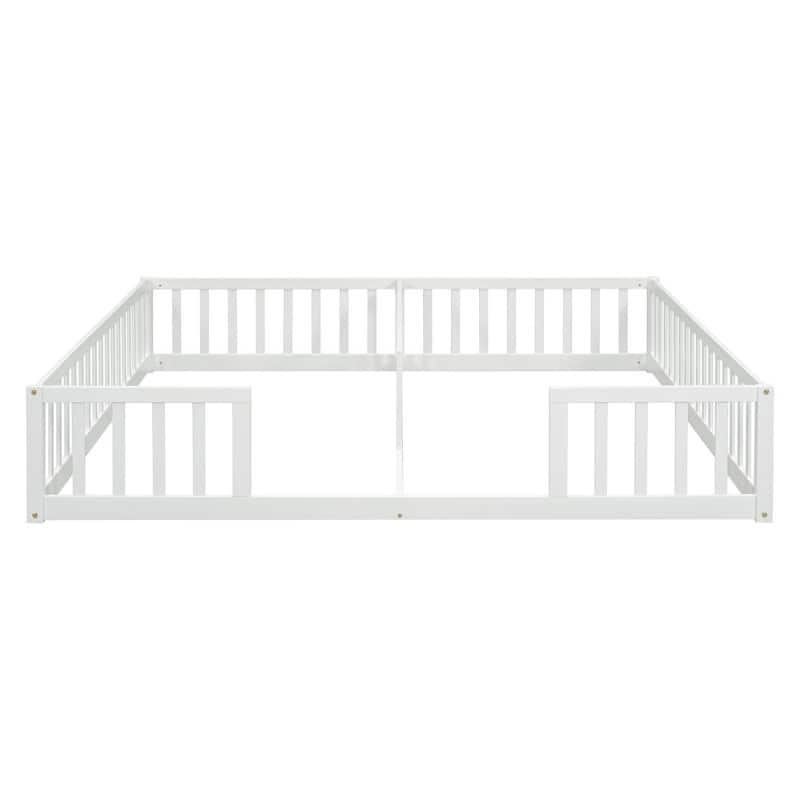 Twin Size Wood Double Floor Bed with Guardrails For Toddlers