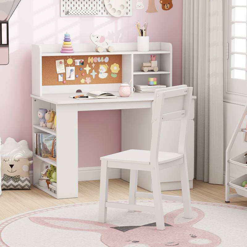Gymax Kids Desk & Chair Set w/Chair Hutch 3-Layer Side Shelf Storage