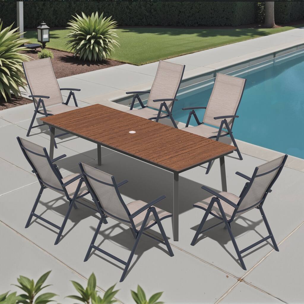 7-Piece Outdoor Dining Set Rectangle Patio Dining Table and Folding Adjustable Dining Chairs