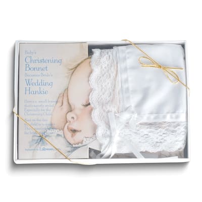 Curata White Deluxe Cotton Christening Bonnet Becomes Wedding Hankie