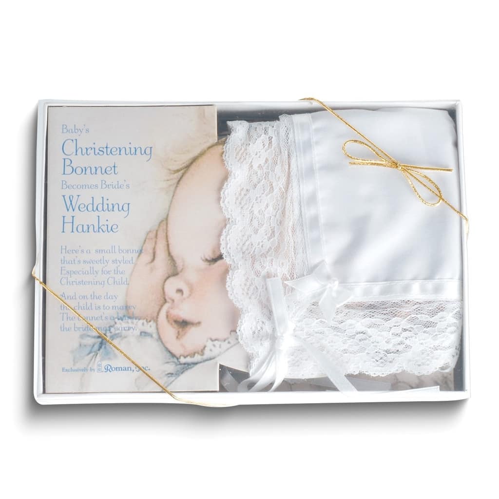 Curata White Deluxe Cotton Christening Bonnet Becomes Wedding Hankie