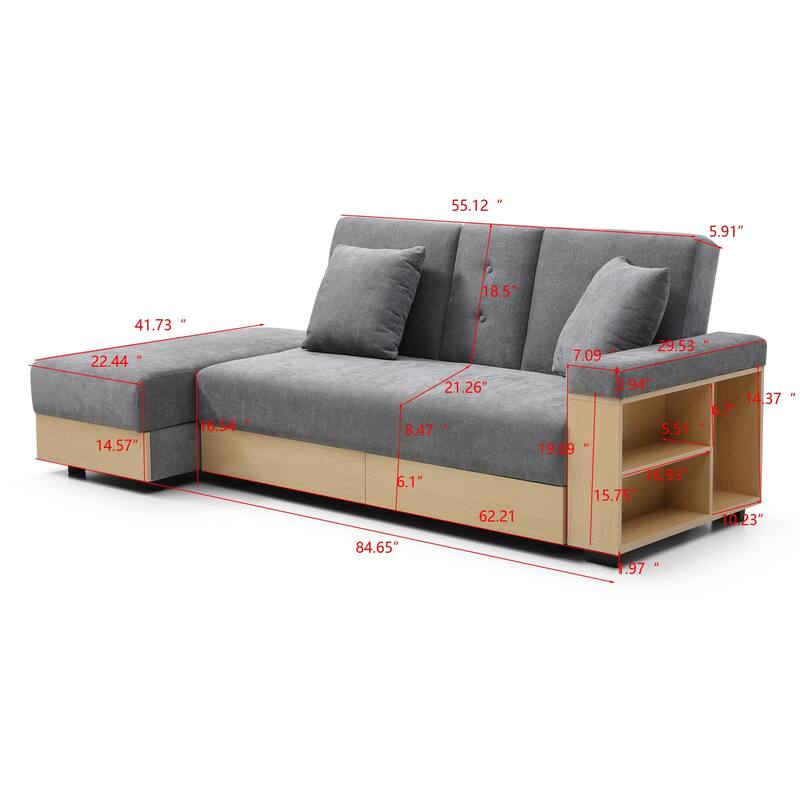 Convertible Sleeper Sofa Bed, Loveseat Couch with Storage Ottoman, Reversible Armrest Box & Drawer, Drop-Down Table, Cup Holders