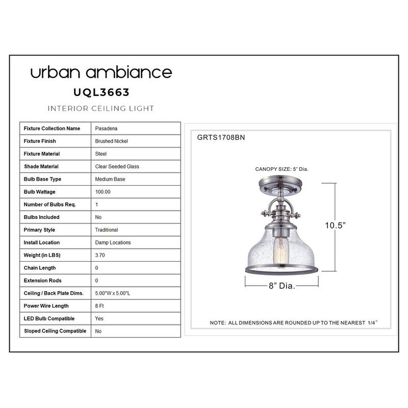 Luxury Traditional Ceiling, 10.5"H x 8"W, with Classic Style, Brushed Nickel, by Urban Ambiance - 10.50"H x 8.00"W x 8.00"Dep
