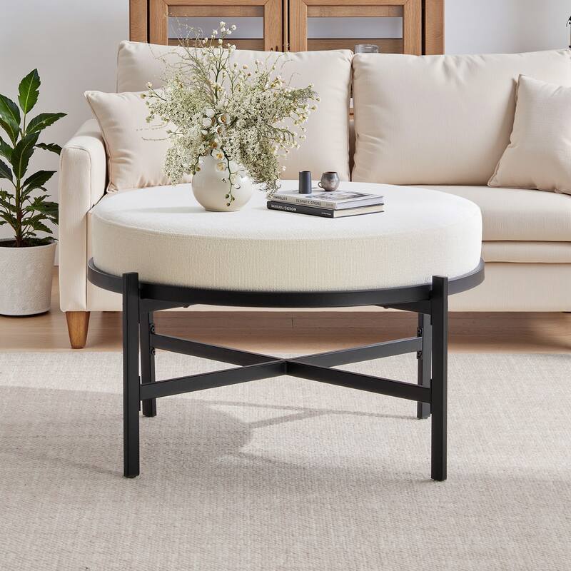 Chenille Fabric Round Ottoman, Coffee Table Bench with Metal Legs