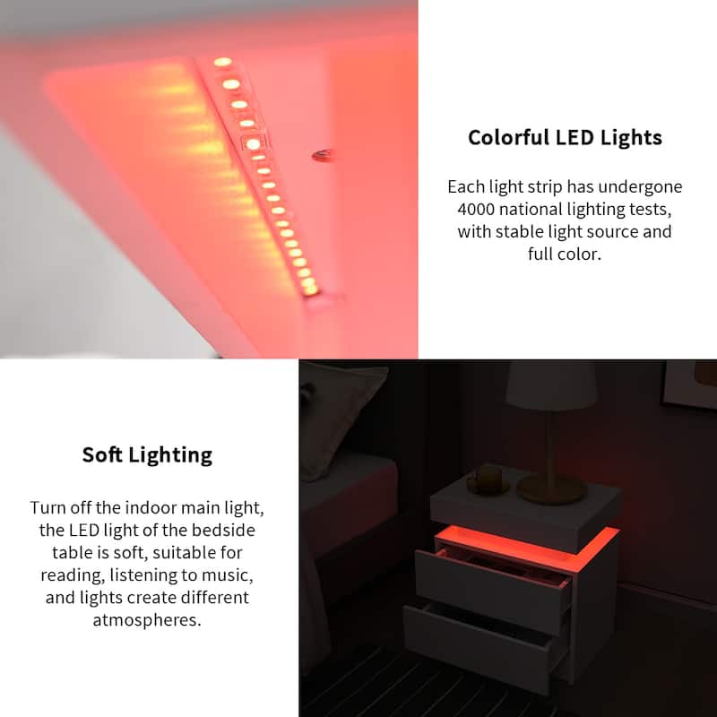 Nightstand with Adjustable LED Lights, Sofa Side Table with Open Shelves & 2 Drawers, Multi-functiona Wooden Coffee Table