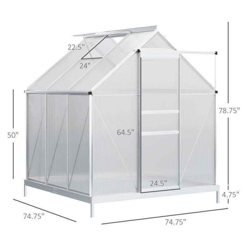 Outsunny Aluminum Greenhouse Polycarbonate Walk-in Garden Greenhouse Kit with Adjustable Roof Vent, Rain Gutter and Sliding Door