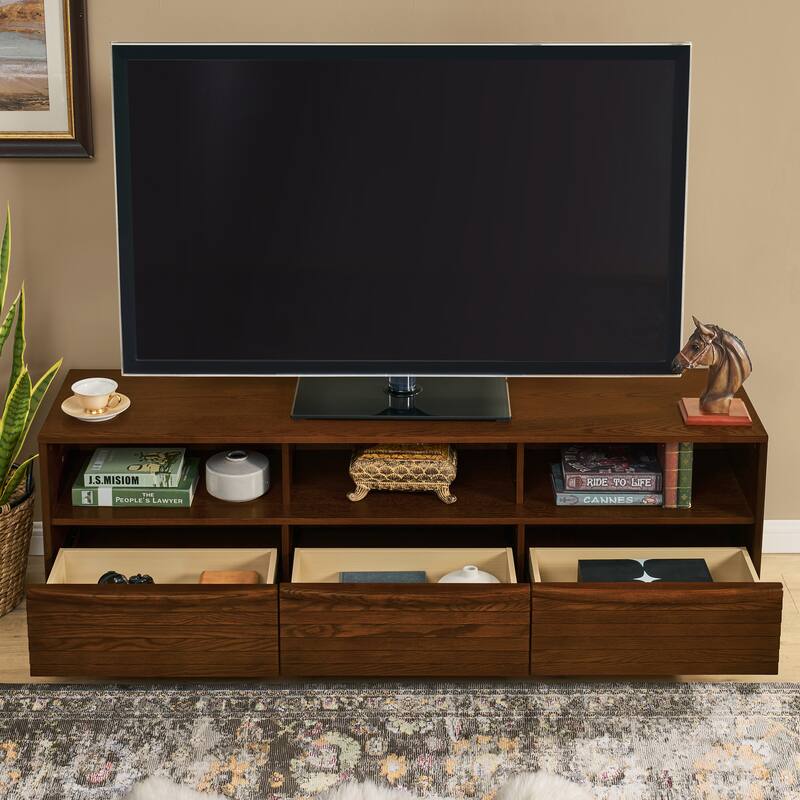 63" Mid-Century Modern TV Stand for TVs up to 75", Entertainment Center with 3 Solid Wood Drawers & Outlet Holes, Open Storage