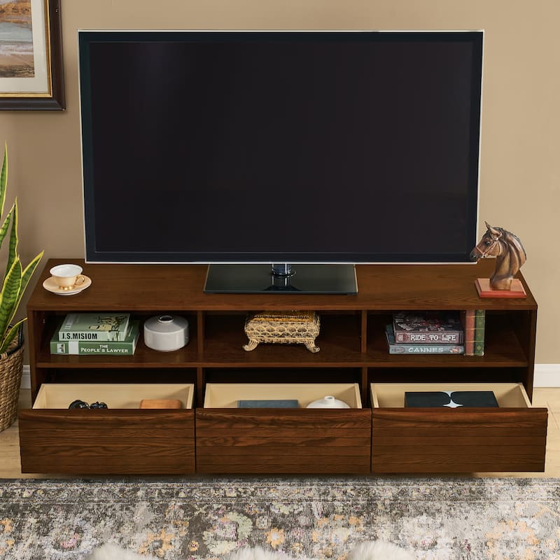 63" TV Stand for TVs up to 75", Thick Sturdy Entertainment Cabinet, Media Console, Solid Wood Drawers & Outlet Holes