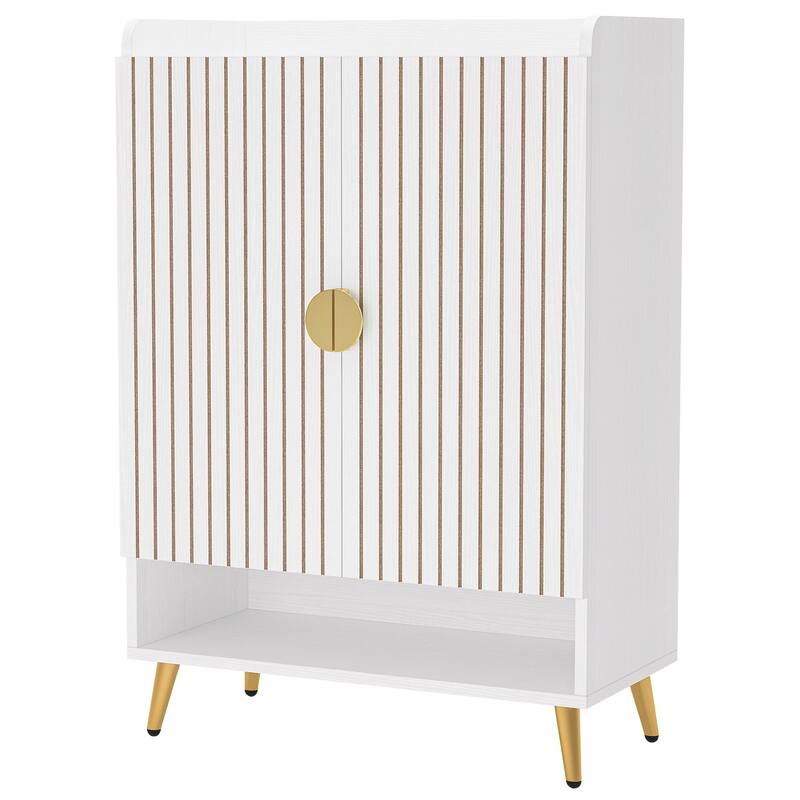 29" White & Gold Wooden Shoe Cabinet with Doors, 7-Tier