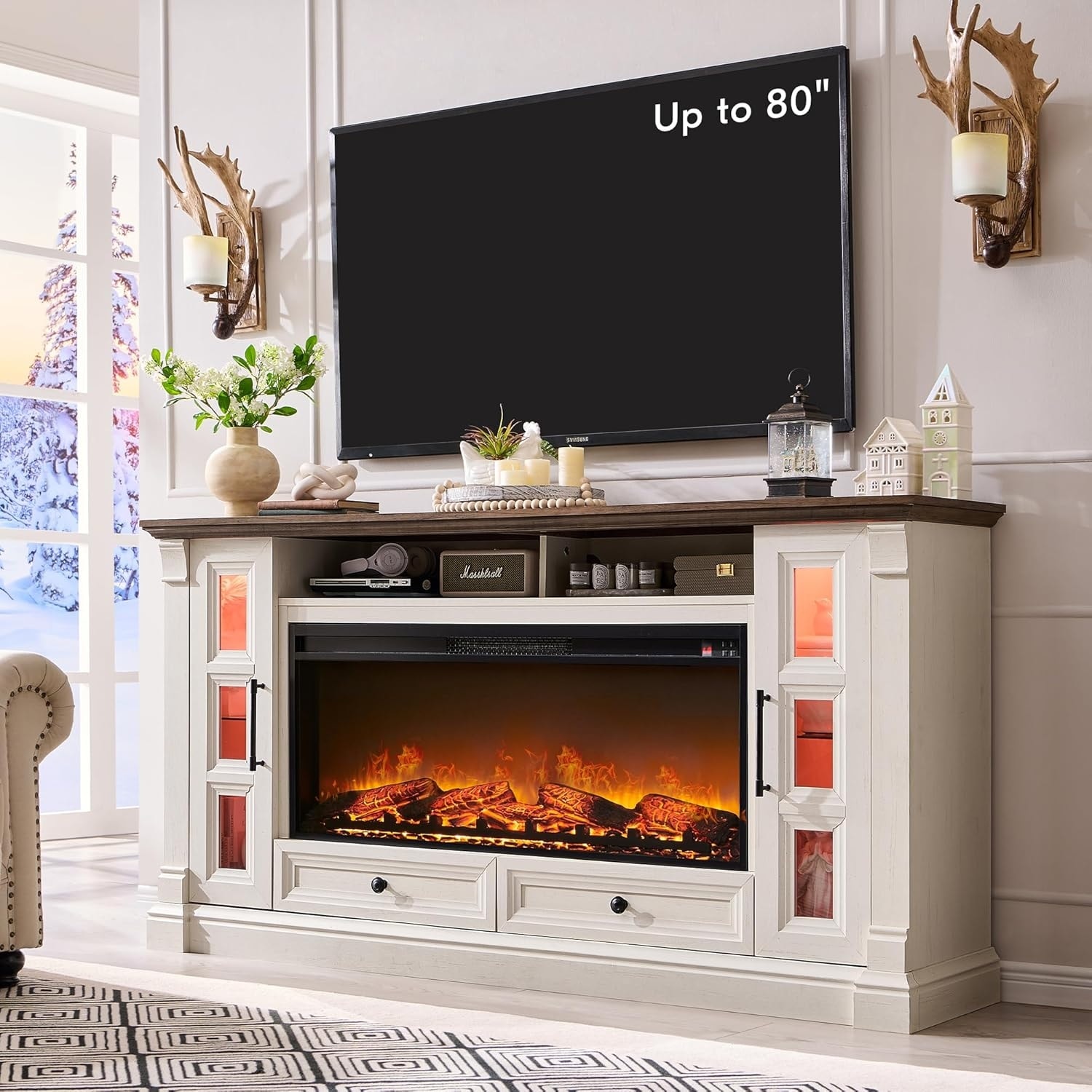 Farmhouse Fireplace TV Stand for up-to-80 TV, Entertainment Center