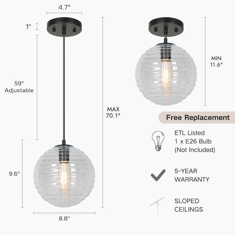 Modern 1-Light Matte Black Seeded Glass Pendant Light Globe Shade Kitchen Island Light for Dining Room - 8.8" L × 9.6" H