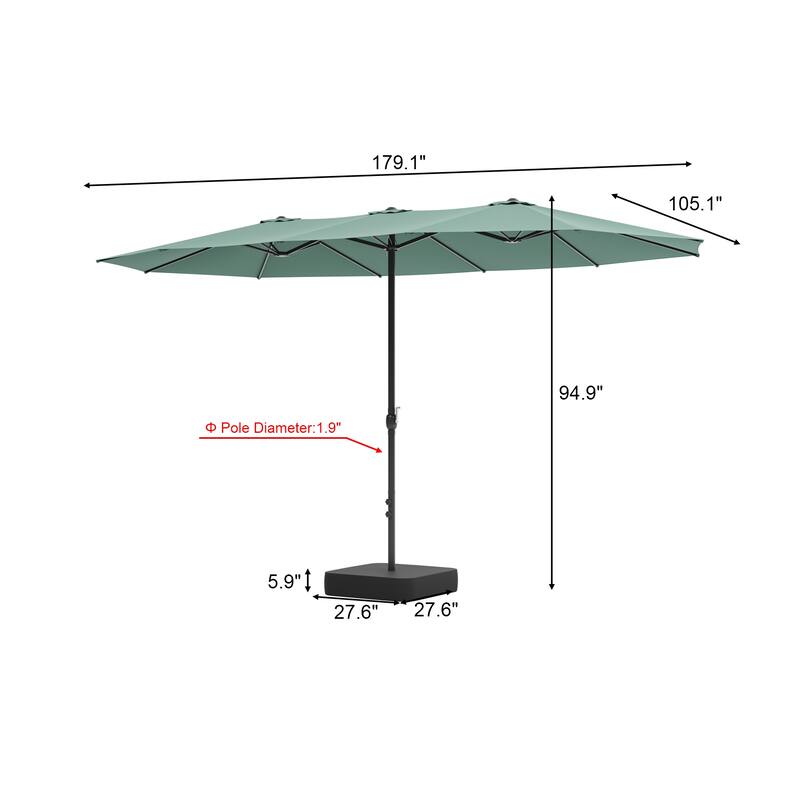 15ft x 9ft Double Patio Umbrella with Base and Sandbags, Extra Large Twin Outdoor Market Umbrella with Auto Tilt, 180g Polyester