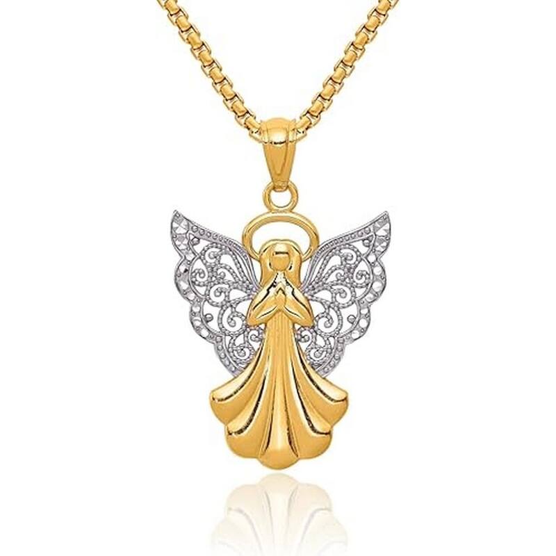 Curata 14k Two-tone Gold 18" Filigree Praying Angel Heart Necklace - 28x17.7m