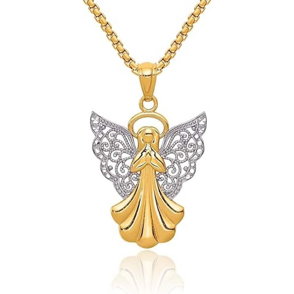 Curata 14k Two-tone Gold 18" Filigree Praying Angel Heart Necklace - 28x17.7m