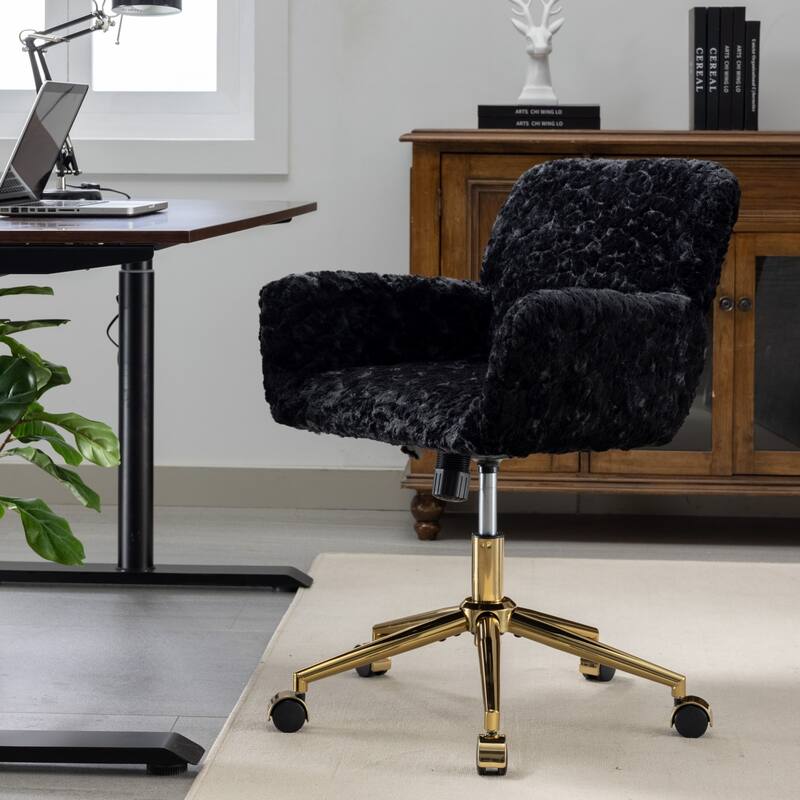 GDF Studio - Modern Upholstered Swivel Home Office Chair with Golden Metal Base and Artificial Rabbit Hair Comfort