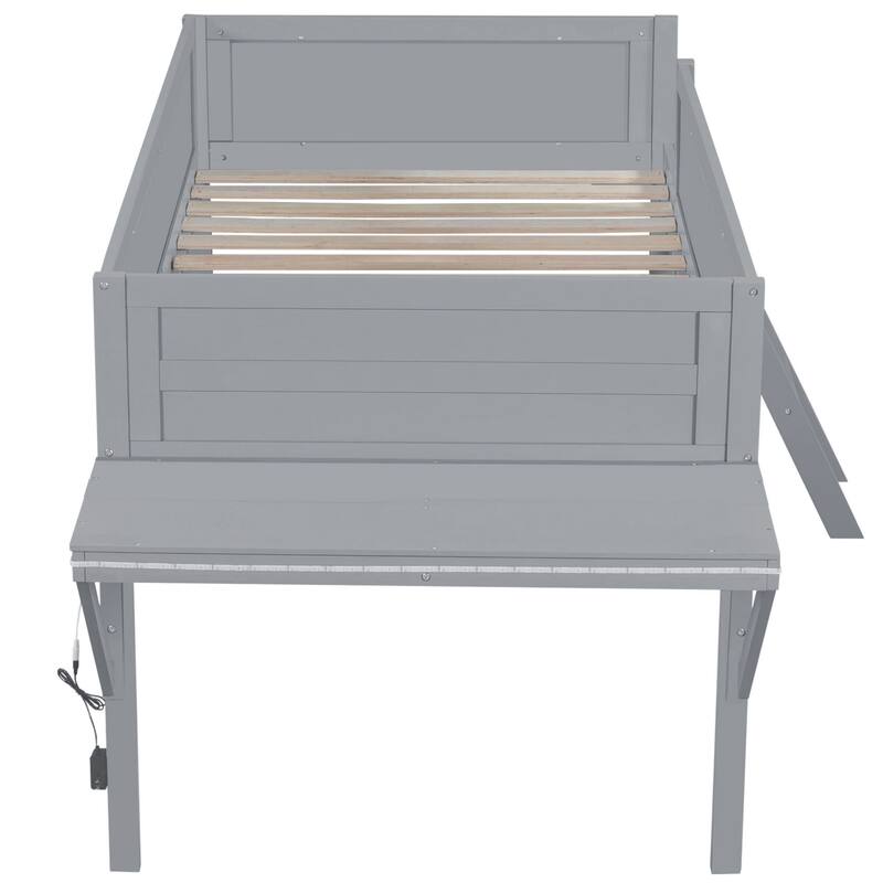 Wood Twin Size Loft Bed with Desk and LED, Wooden Loft Bed Frame with Angled Ladder, No Box Spring Needed for Kids
