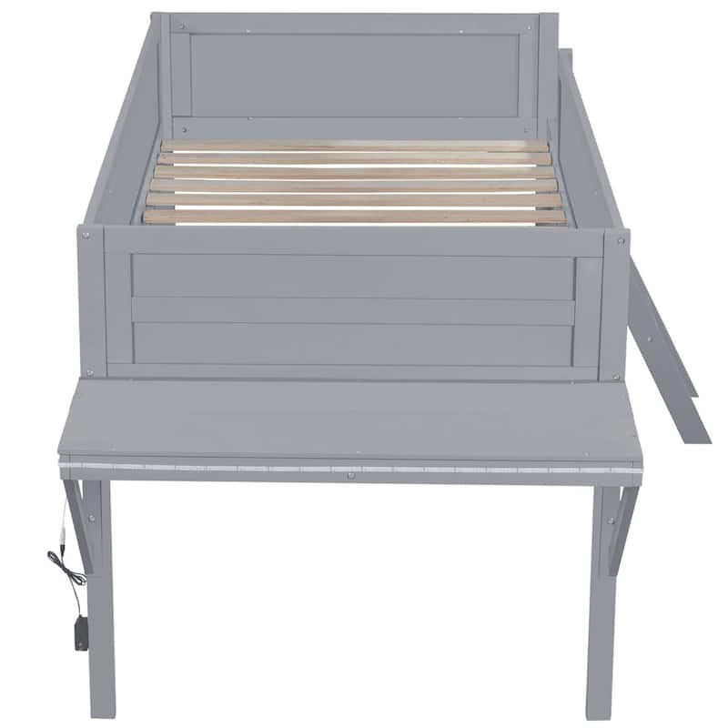 Wooden LED Gaming Loft Bed with Built In Desk, Solid Pinewood Low Loftbed Frame with Under Bed Storage Space and Ladder