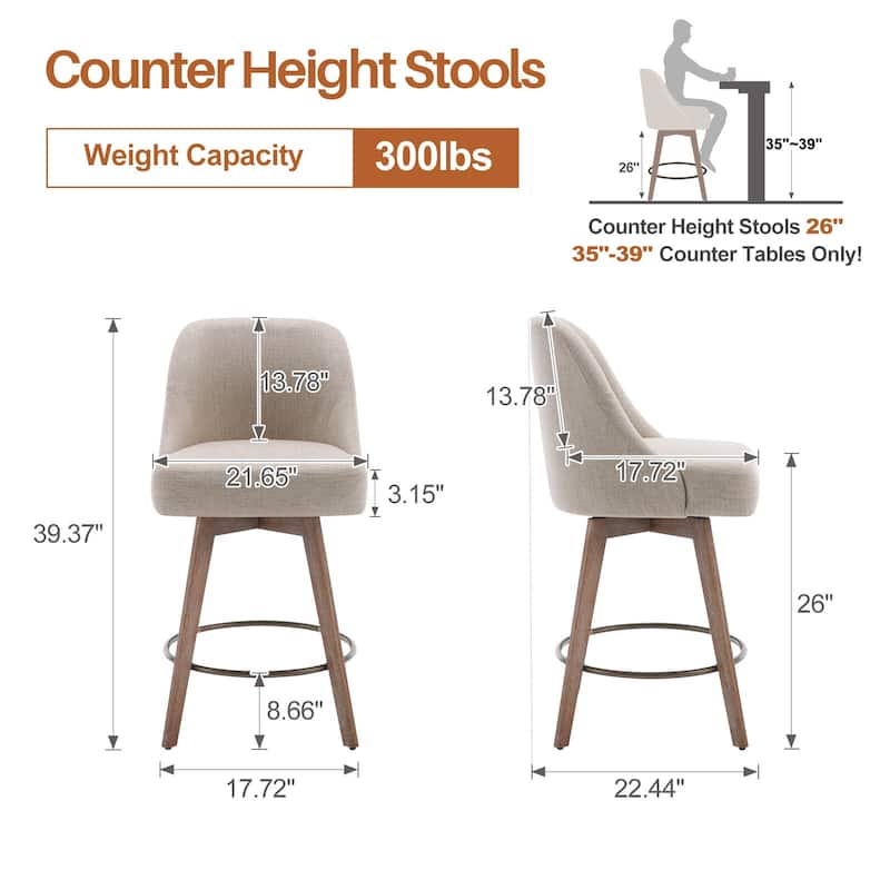 26" Counter Height Swivel Bar Stool, Upholstered Counter Stools - 39.37" (H) x 22.44" (D) x 21.65" (W)