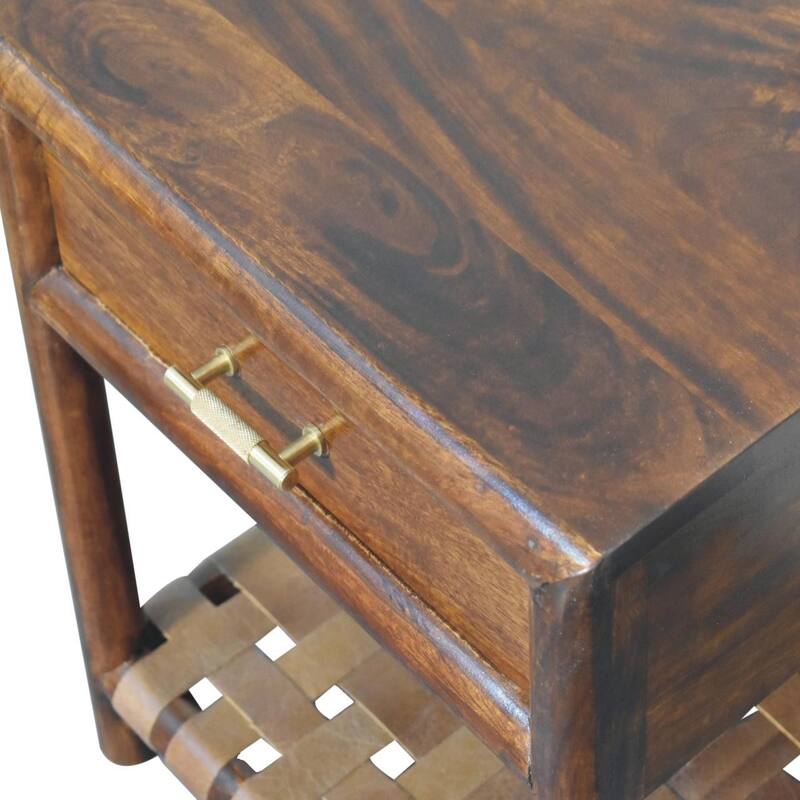 HomeRoots 20" Chestnut Solid Wood One Drawer Nightstand With Leather Shelf