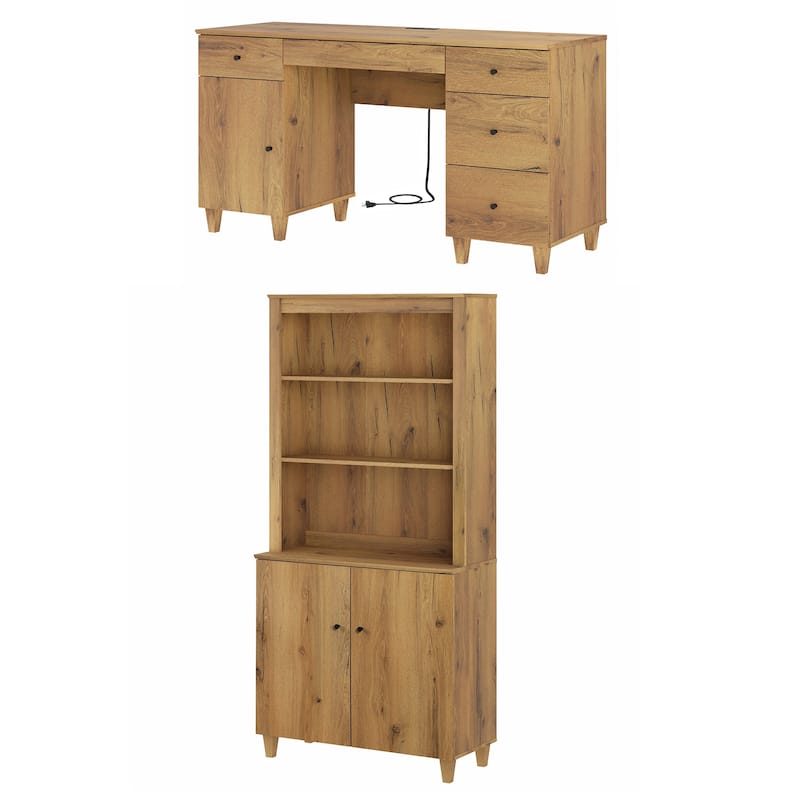 WAMPAT Home Office Furniture Set, 58" Executive Desk with Cabinet, 71" Tall Bookcase with Doors and Adjustable Shelves