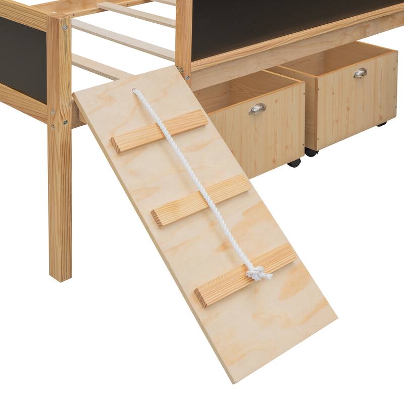 Twin Size Loft Bed with Two Storage Boxes, Climbing Frame, and Chalkboard