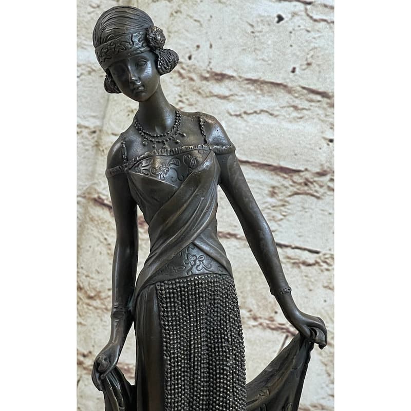 High Society Lady Is Poised And Elegant Dressed Bronze Sculpture Marble Base Fig