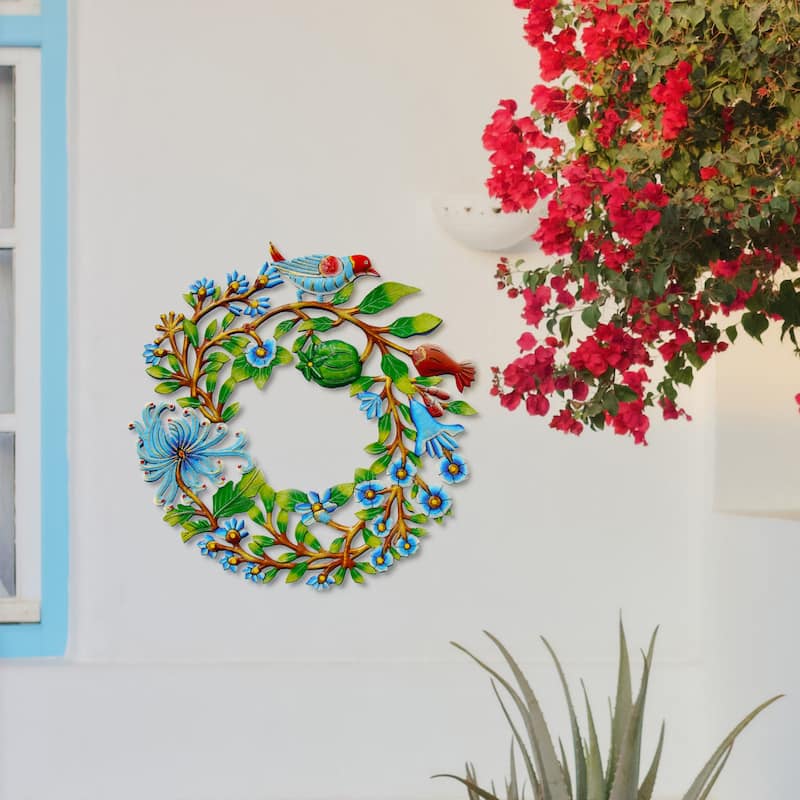 Handmade Painted Door Wreath with Bird Recycled Steel Wall Art