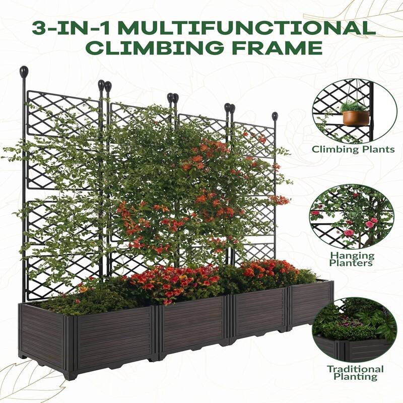Outdoor Privacy Screen and Garden Kit 4-Section Metal Trellis with Raised Planter Box for Climbing Plants Flowers and Vegetables