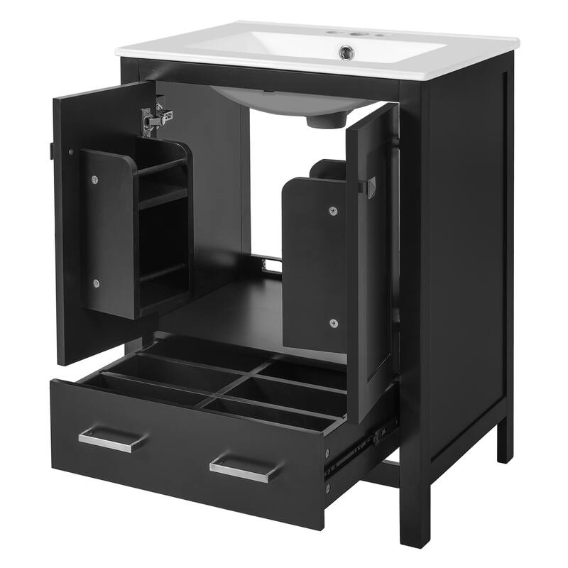 24-inch bathroom vanity with integrated undermount basin and a storage cabinet featuring 2 doors and 1 drawer.