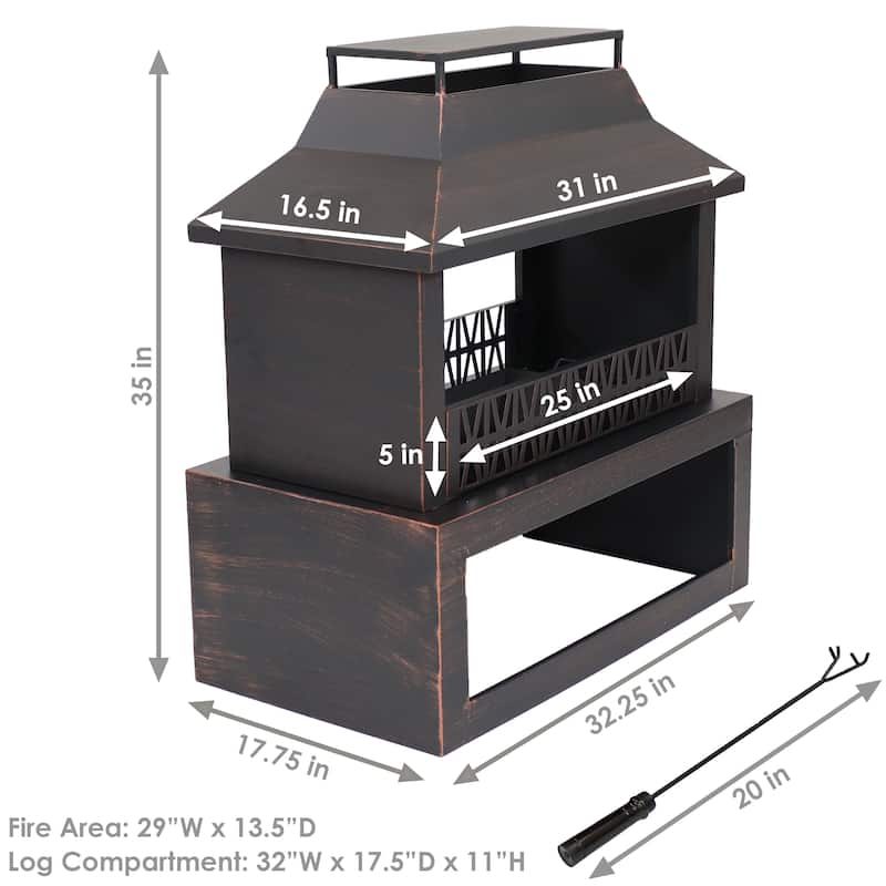 Bronze Steel Outdoor Fireplace with Log Storage - 35" H