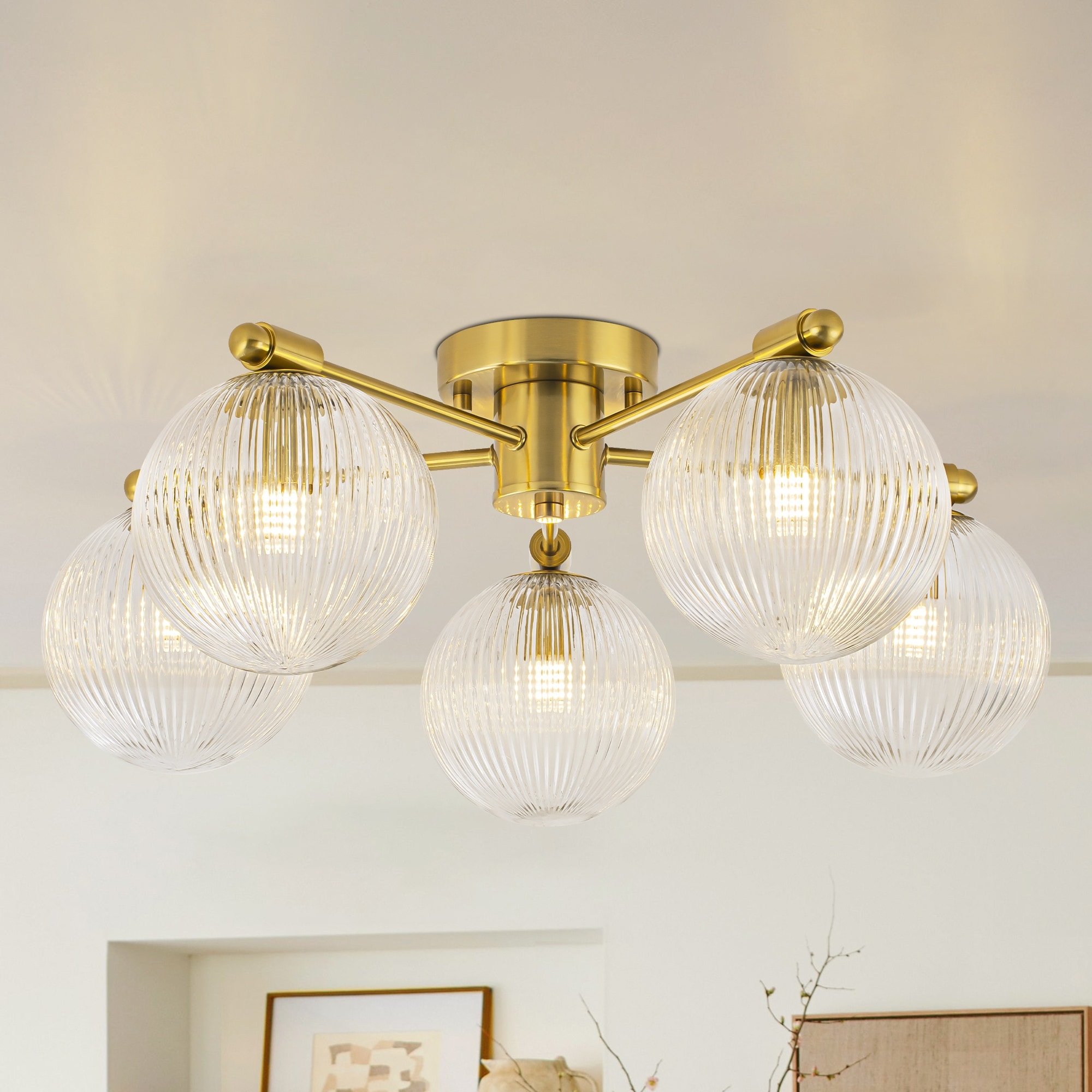 Rennnsan 22 in. 5-Light Modern Brass Clear Ribbed Glass Globe Semi-Flush Mount Ceiling Light