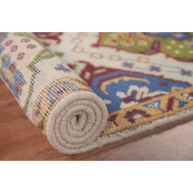 Geometric Kazak Accent Rug Handmade Oriental Blue Wool Carpet - 2'7"x 5'10"
