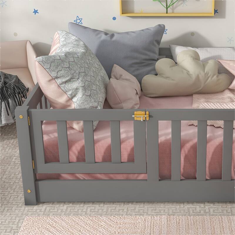Pine Wood Floor Platform Bed with Fence and Door
