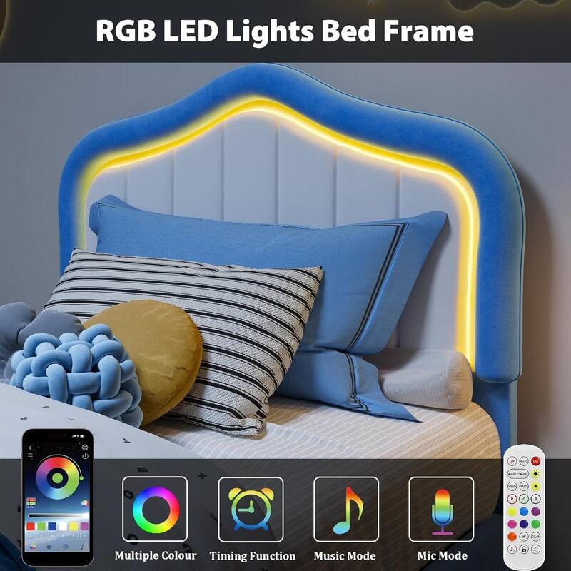 Twin Upholstered Platform Bed Frame with LED Lights & Storage Drawer for Kids