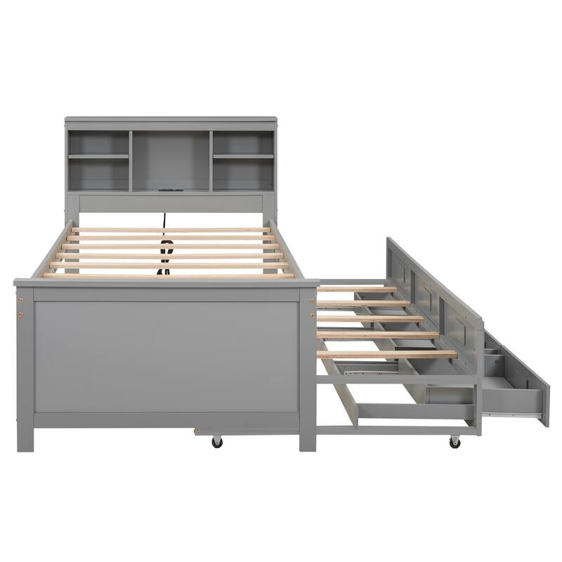 Twin Size Platform Bed with Storage Headboard, USB, Trundle, and 3 Drawers in Gray