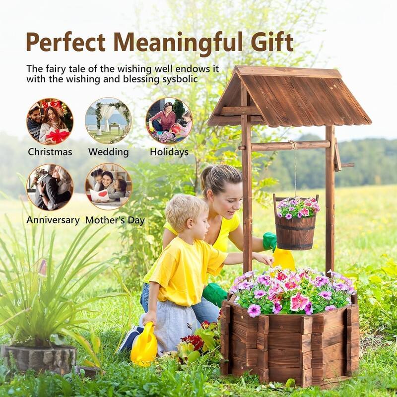 Wooden Wishing Well Outdoor Planters,Rustic Flower Pot Home Decor for Outside Patio Garden