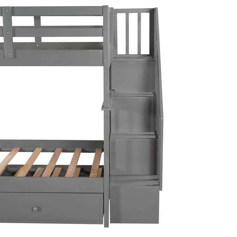 Twin-Over-Twin Bunk Bed with Trundle, Storage Stairs, Gray Finish