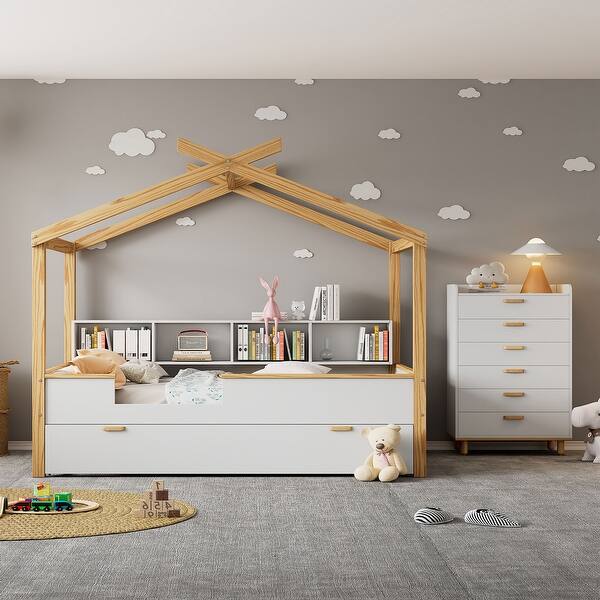 slide 2 of 7, White Wood Frame Full House Bed with Storage and Headboard 77.80" x 56.70" - White