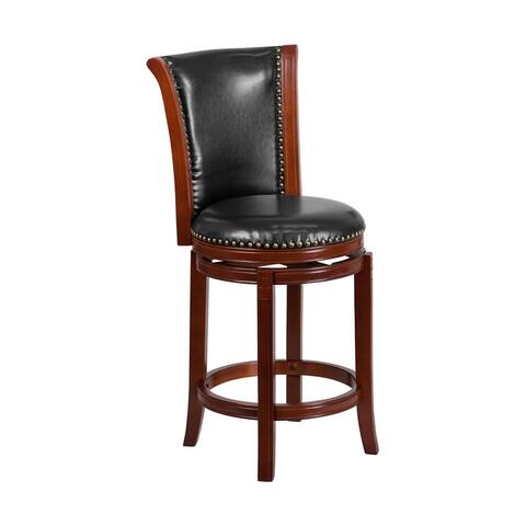 Flash Furniture 26'' High Dark Chestnut Wood Counter Height Stool with Panel Back and Black LeatherSoft Swivel Seat - N/A