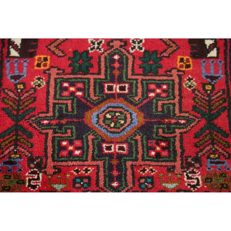 Tribal Geometric Gharajeh Persian Runner Rug Handmade Red Wool Carpet - 2'4"x 9'10"