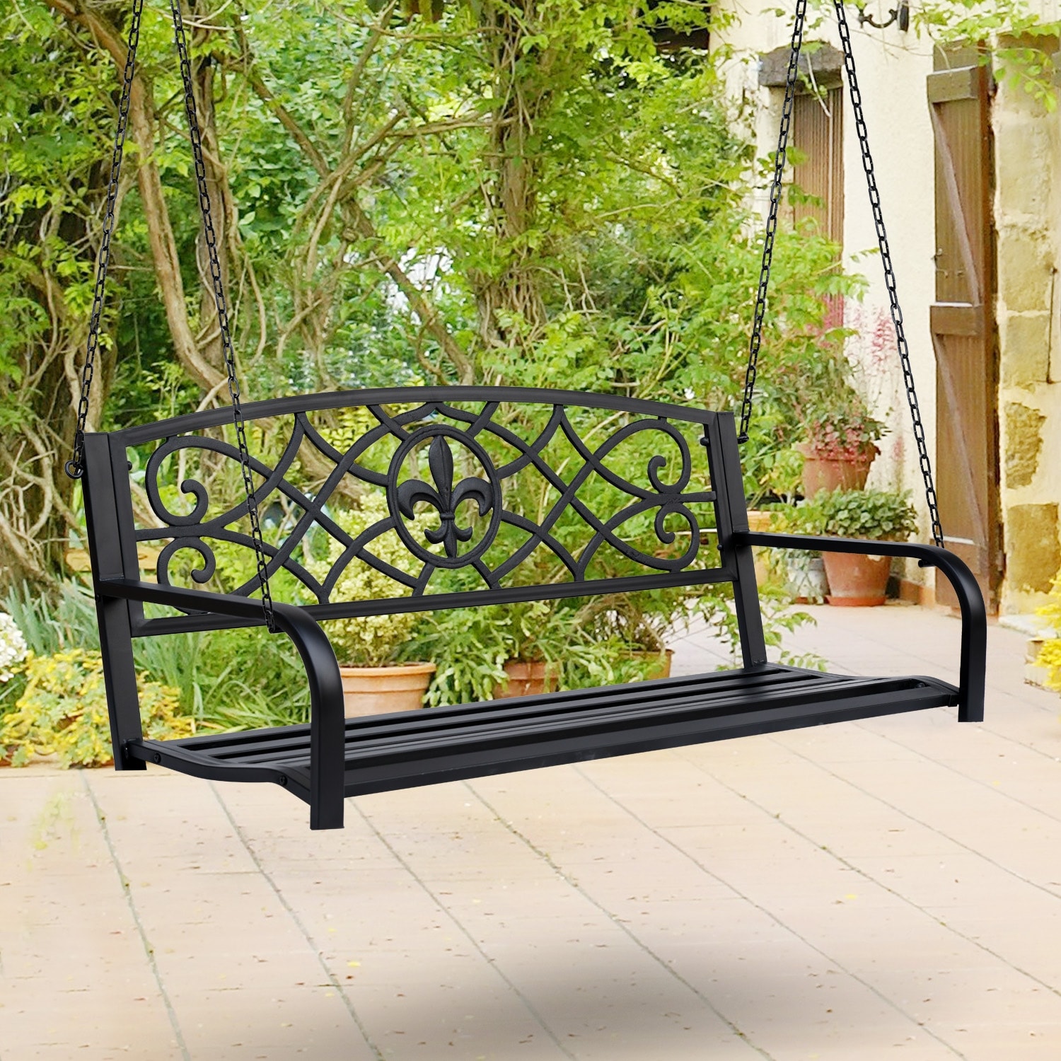 Outsunny  Steel Fleur-de-Lis Design Outdoor Porch Swing Seat Bench with Chains for the Yard, Deck, and Backyard, Bronze