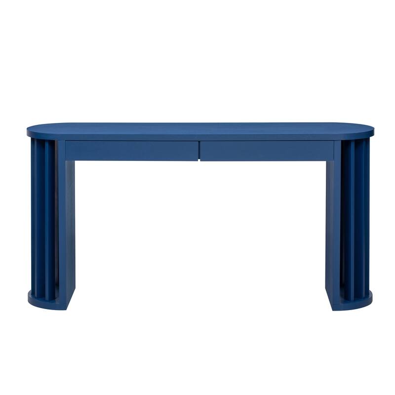59 Inch Extra Long Entryway Sofa Table, Vintage OAK Veneer Console Table with 2 Storage Drawers and Fan Shaped Legs - Navy Blue