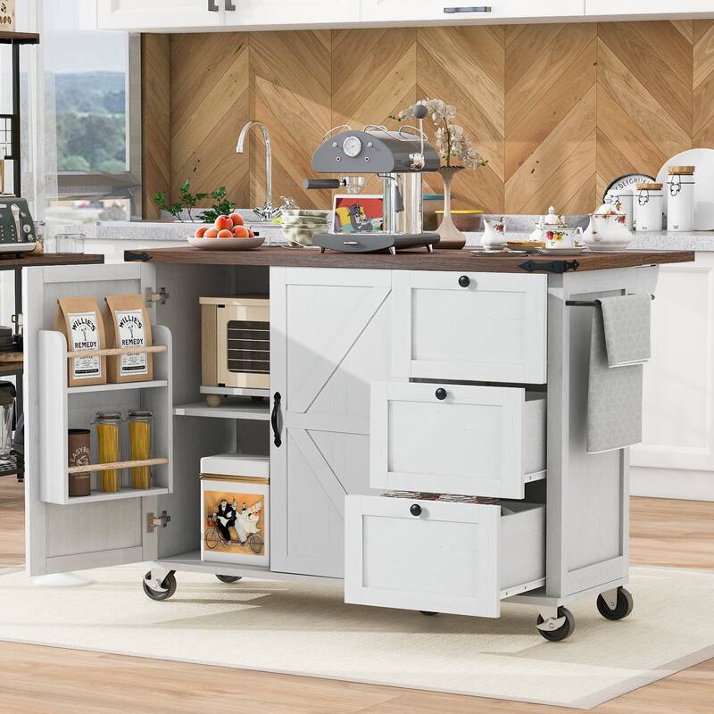 Farmhouse Kitchen Island with Power Outlet, Rolling Kitchen Cart on Wheels with Internal Storage Rack, Drop Leaf, Spice Rack