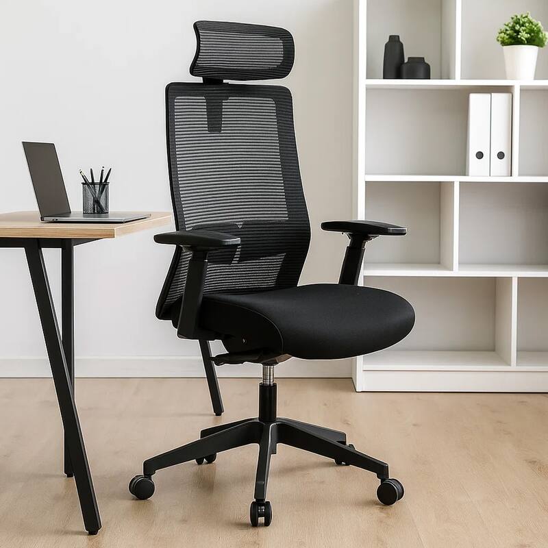 Rolling Office Chair with Headrest, Black Mesh, Foam, Swivel Seat