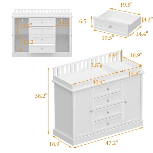 Modern Dresser Table Dresser with 4 Drawers and Cabinets Nursery Changing Station with Safety Guard Rail and Large Storage