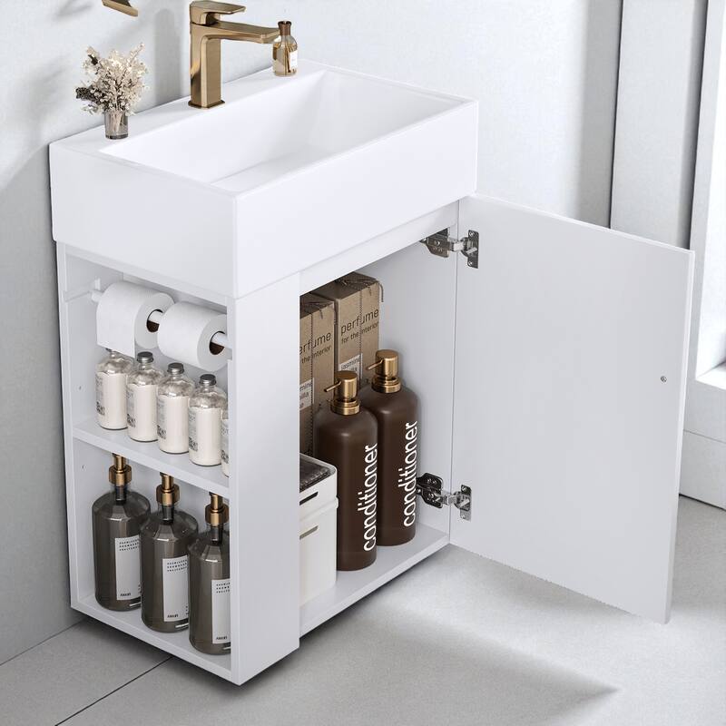 20" Wall Mounted Bathroom Vanity with Ceramic Sink, Diamond Door Design, Side Shelves and Towel Bar