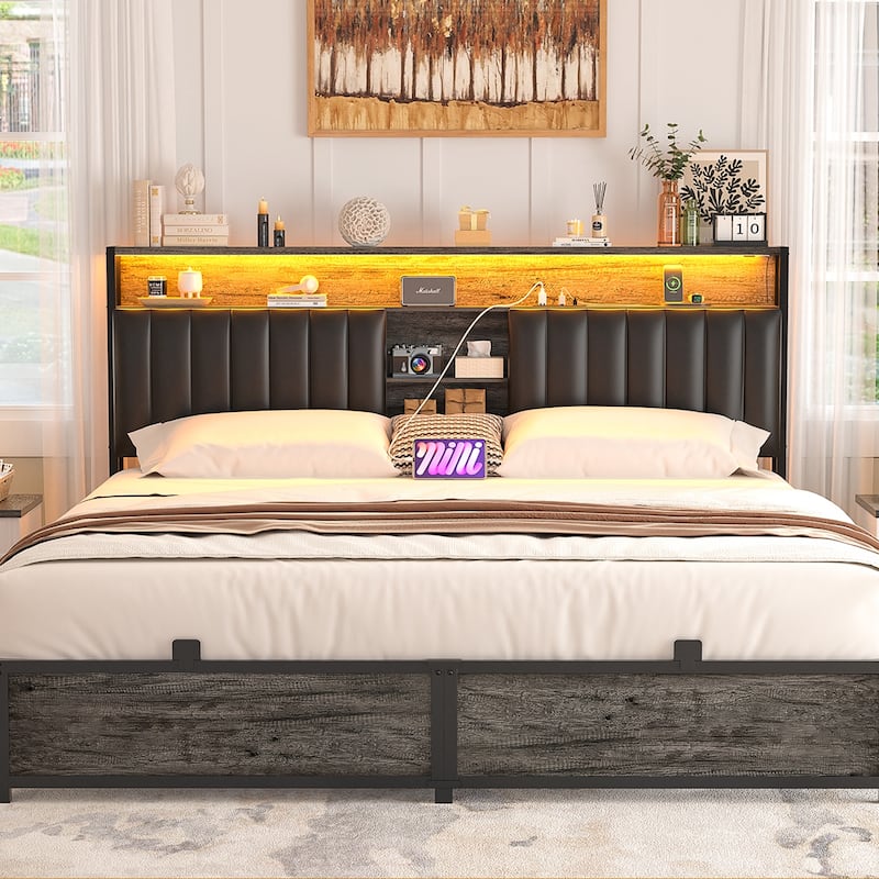 Upholstered Bed Frame with Storage Shelving, Platform Beds with Charge Station and LED Lights