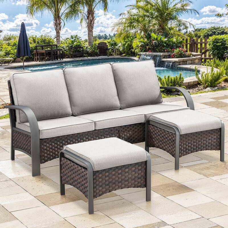 Patio Furniture Outdoor 3 Seater Sofa with Ottoman Set - Brown - Beige