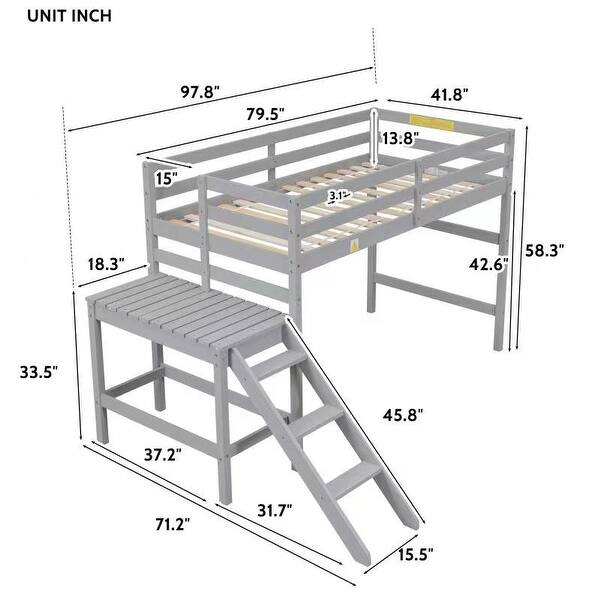 dimension image slide 1 of 2, Kids Furniture Twin Size Loft Bed Platform Kids Bed with Ladder and Space Storage, Grey
